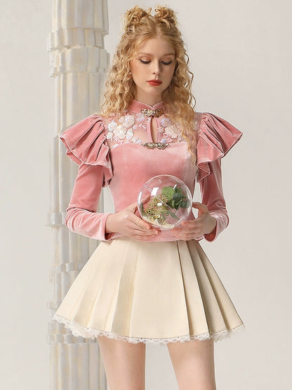 CHECOCRE Classy Winter Palace Style Retro Sequin Stitching Pink Peplum Top - SARAH.