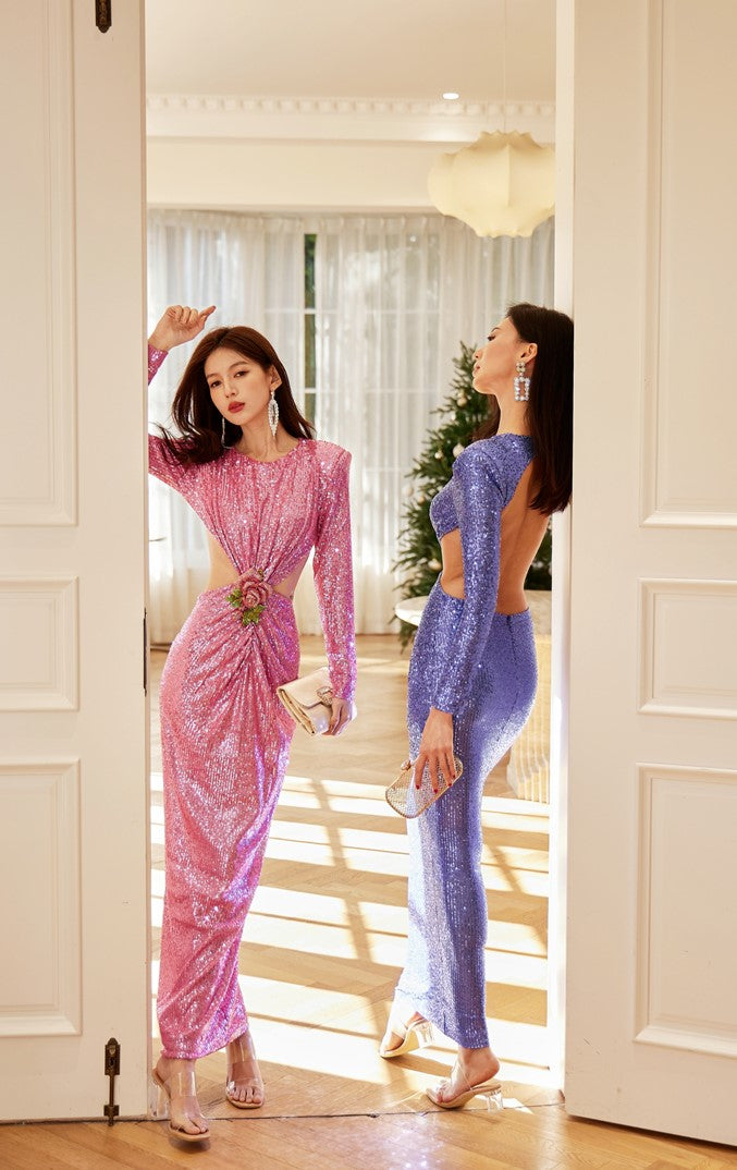 DOLLY Elegant Crew Neck Long Sleeve Slim Fit Sequin Long Evening Dress-IIANA