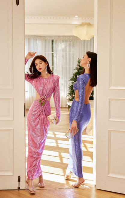 DOLLY Elegant Crew Neck Long Sleeve Slim Fit Sequin Long Evening Dress-IIANA