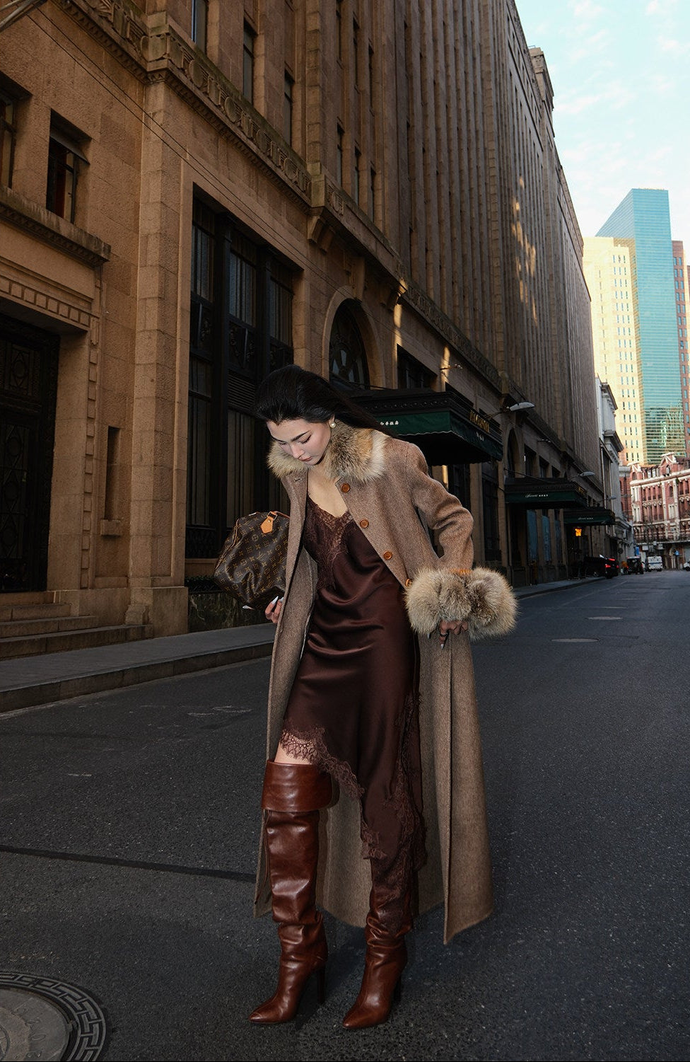 MEI SANGUAN Coffee Fur Collar Woolen Sleeve Coat- ERIC
