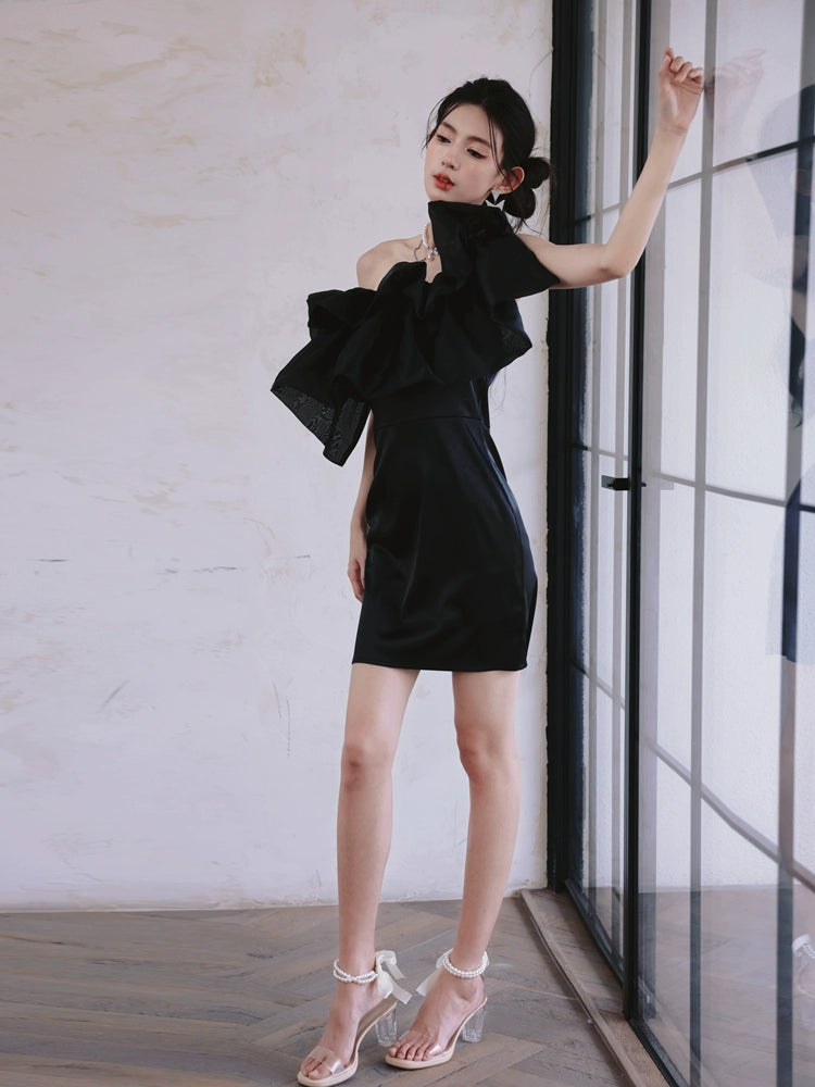 DOLLY Luxury Black Off Shoulder Slim Fit Short Ruffle Dinner Dress-MABEL