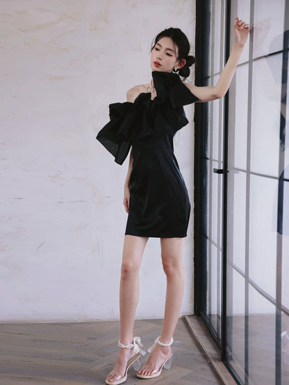 DOLLY Luxury Black Off Shoulder Slim Fit Short Ruffle Dinner Dress-MABEL