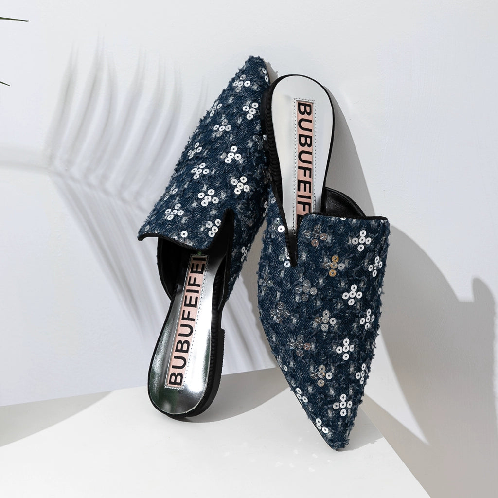 B-FEI'S Denim Sequin Pointed Toe Casual Flat Mules-MATT.