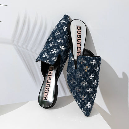 B-FEI'S Denim Sequin Pointed Toe Casual Flat Mules-MATT.