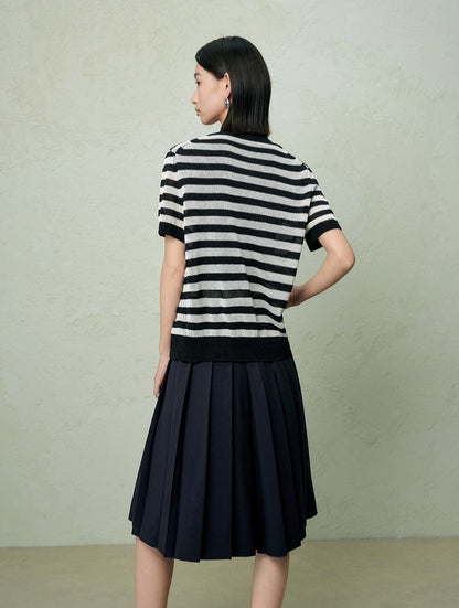 SUSHE light hollow texture striped short-sleeved knit sweater new stretch loose top -BESS