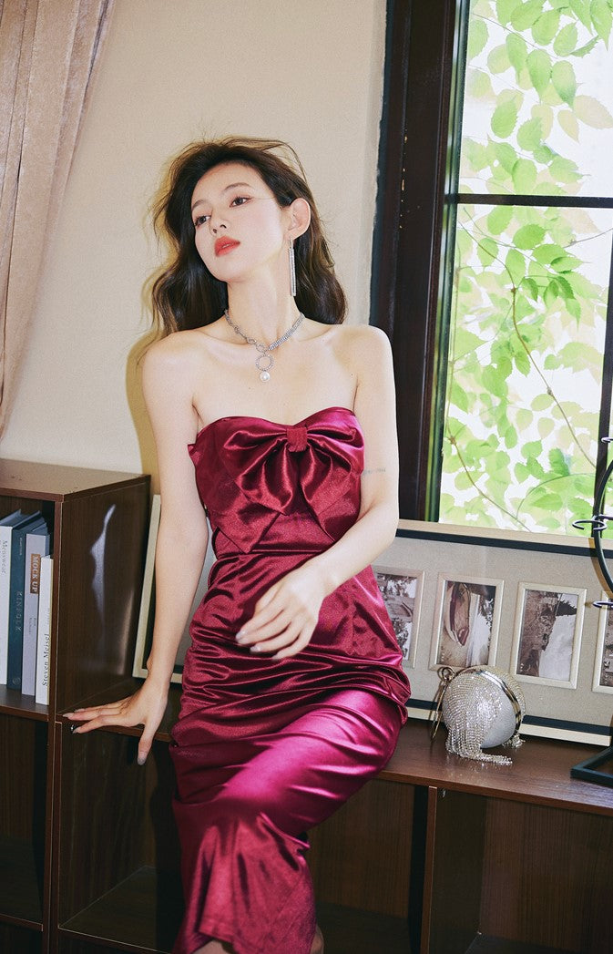 DOLLY Elegant French Style Big Bow Satin Off Shoulder Tube Top Midi Dress-MIA