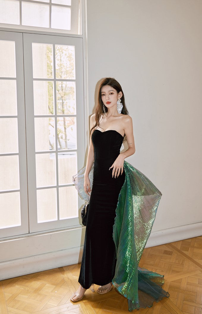 DOLLY Elegant Black Bandeau Sleeveless Long Body Hug Sexy Dinner Dress-CARA XS / Black (Removable Green Streamer) DOLLY Elegant Black Bandeau Sleeveless Long Body Hug Sexy Dinner Dress-CARA XS / Black (Removable Green Streamer)