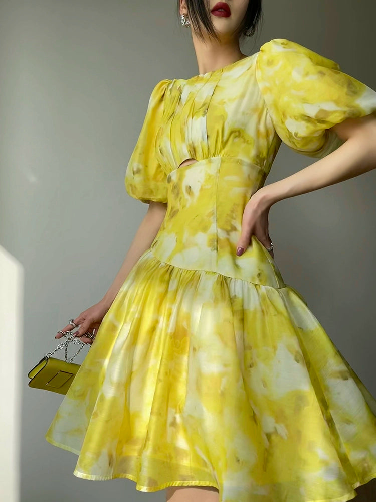 Aconiconi Elegant Lemon French Print Short Sleeve drop waist Dress- desire S / Yellow Aconiconi Elegant Lemon French Print Short Sleeve drop waist Dress- desire S / Yellow