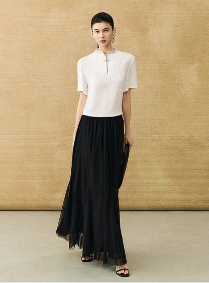 HECO Chinese Flower Embossed Disc Buckle Short Sleeve T-Shirt - BOND.