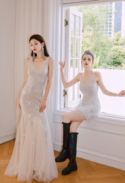 DOLLY Luxury Sliver V-Neck Sleeveless Beaded Sequin Feather Short Dress-JULIA