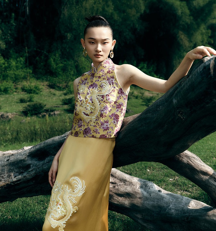 HECO Chinese Retro Style Embroidery Golden Dragon Stand-up Collar Vest Top  - QANT.