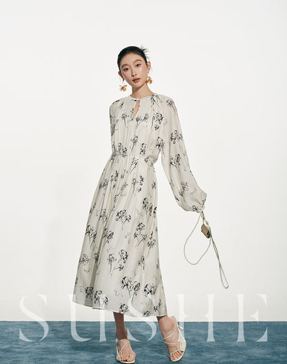 SUSHE white moonlight ink jacquard A-line  French summer long sleeve dress women-FLORA