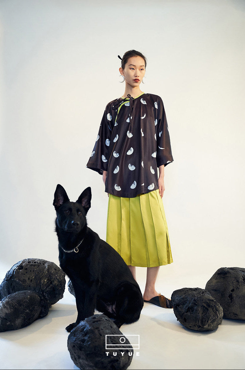 TUYUE Yellow Elastic Waist Pleated Everyday Casual Skirt- PRISCA.