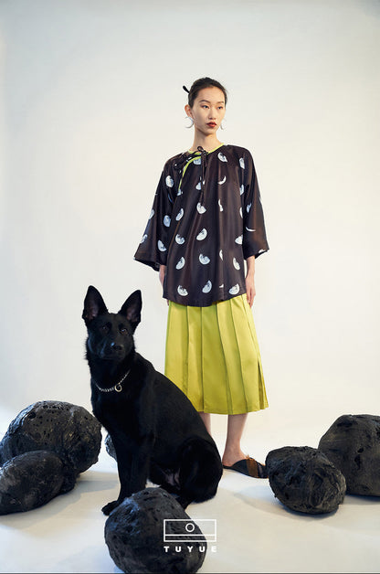 TUYUE Yellow Elastic Waist Pleated Everyday Casual Skirt- PRISCA.
