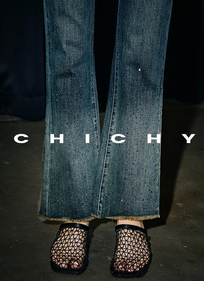 CHICHY vintage dark blue hot diamond gradient bootcut slim pants-OLEG