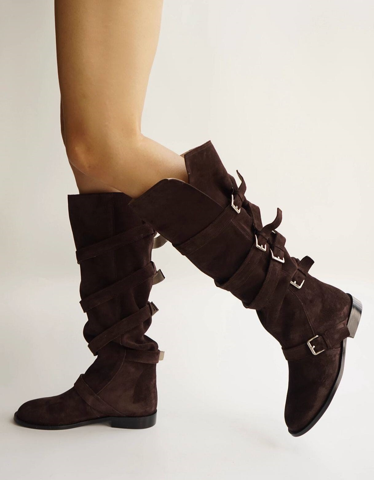 B-FEI belt buckle high-top leather women's fashion boots.