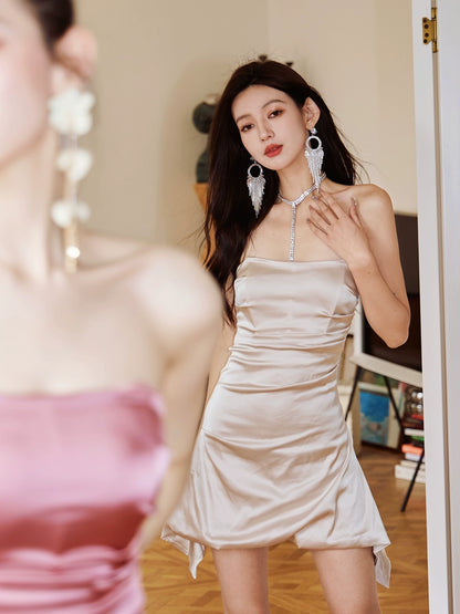 DOLLY Elegant French Style Sleeveless Tube Top Slim Fit Satin Short Dress-KARALINA