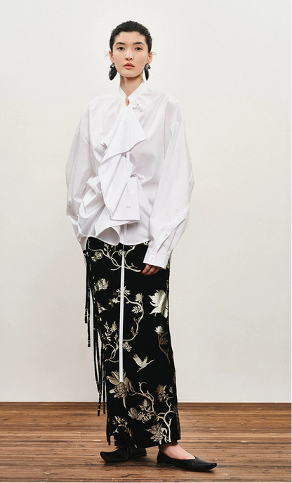 ZHUCHONGYUN drawstring placket loose straight white shirt-UMIE.