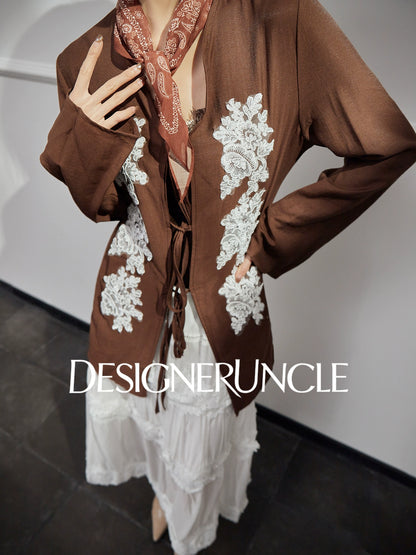 DGU "Mo Zhao" coffee new commuter retro loose Chinese embroidered top - POWER.