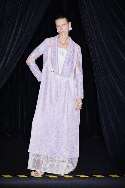 M essential Mackay designer label taro lace paneled pleated embroidery robe - HELEN.