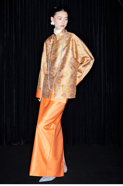 M essential Mackay designer halo stand-up collar jacket orange skirt suit  - Guaida.