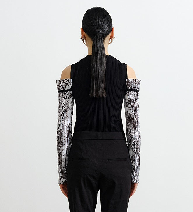 COMME MOI Lu Yan designer new women's off-the-shoulder printed sleeve shirt - DEAR .