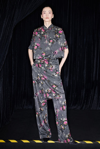 M essential Mackay designer cherry blossom print beads down short vest - LAND.