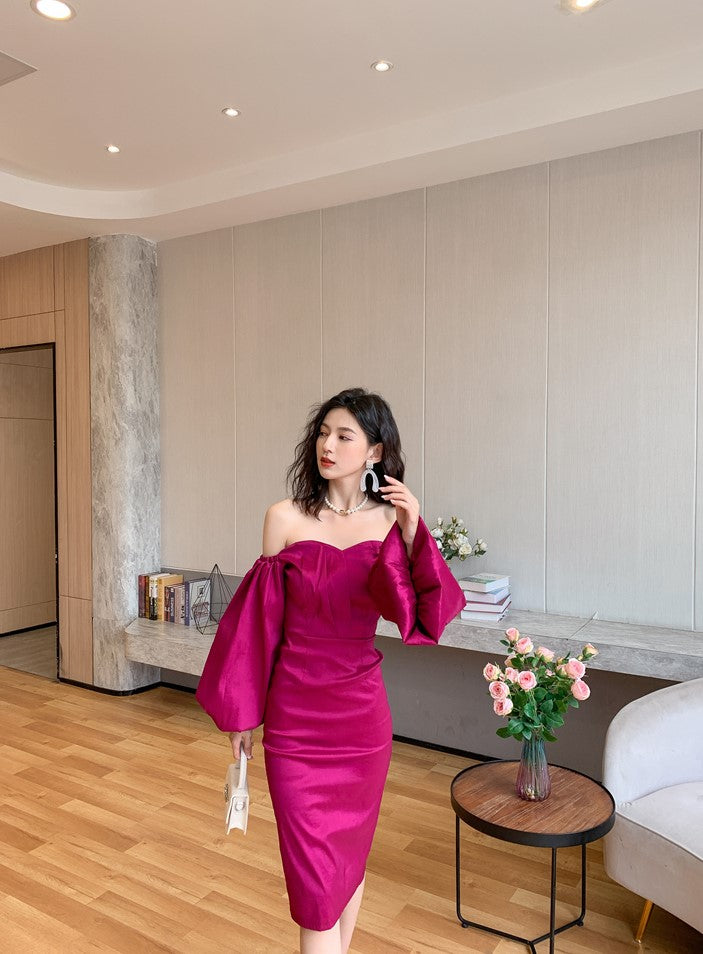 DOLLY High End Retro Style Off Shoulder Long Puff Sleeve Chest Wrap Dress-KILA