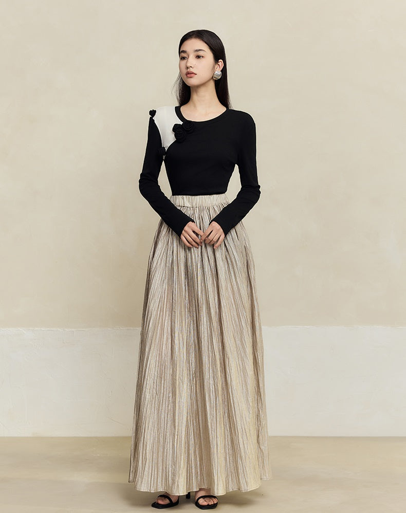 HECO striped texture swing high waist black green women's long skirt - muse.