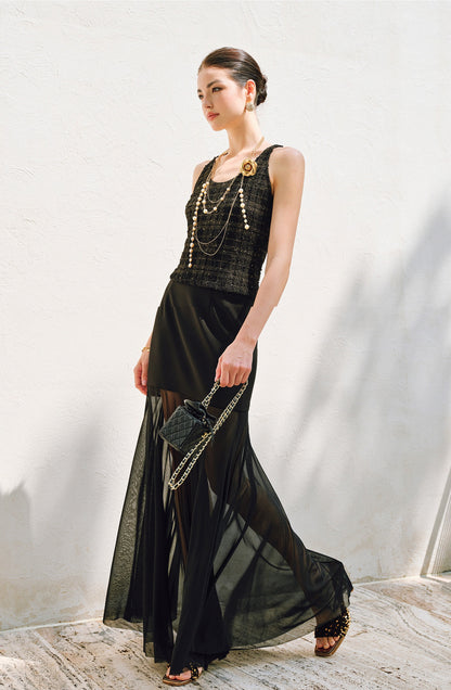WANGXO | Twill Roman Knit with Lightweight Sheer Paneling  A-Line Hem Flowing Skirt  -RAYA