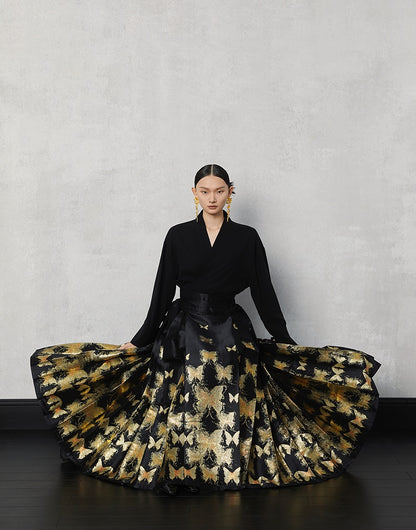 HECO Butterfly Hanfu High Waisted Pleated Long Skirt - rain.