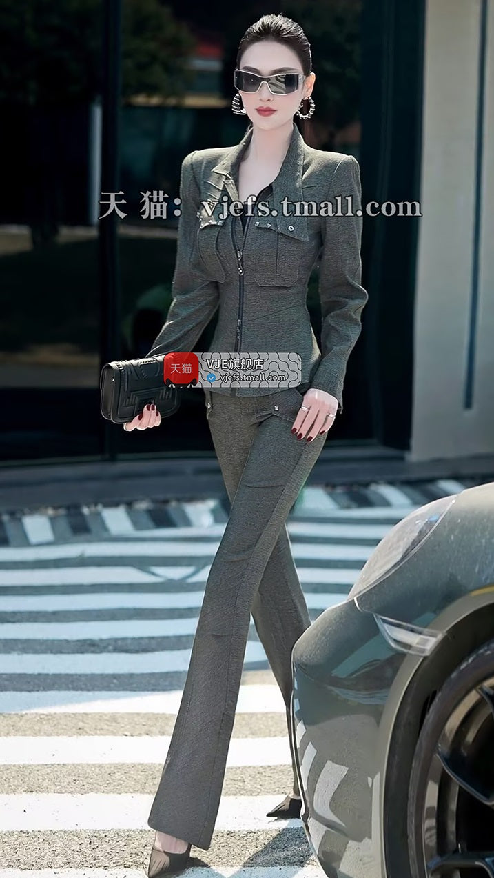 VJE denim top straight-leg pants two-piece set suit-MEA.