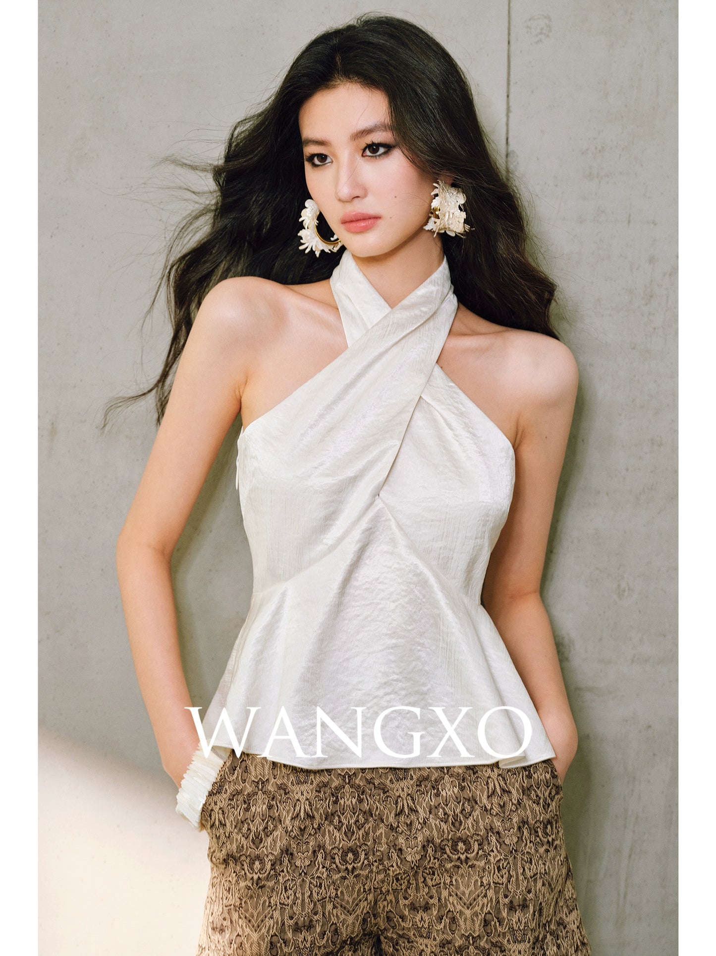 WANGXO Hand-Pinched Pleats Cross Halterneck Umbrella Swing Top with Sculpted Elegance -NYRA
