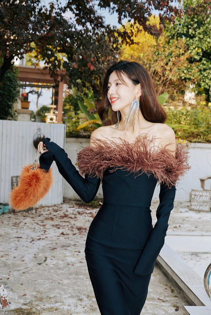 DOLLY High End Black Off Shoulder Long Sleeve Brown Feather Tube Top Dress-ADINA
