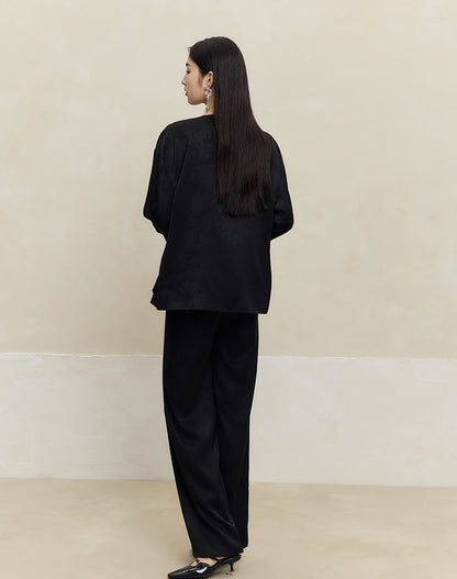 HECO Shan Ting Acetate Jacquard Suit Loose black yellow Top Pants Women - favour.