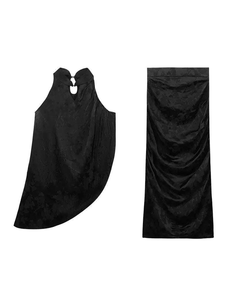 HECO Acetate Pleated Vest Sleeveless Top Skirt Set - prue.