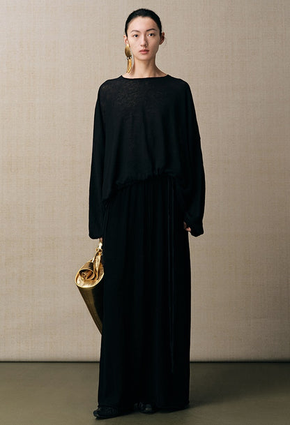 ZHUCHONGYUN black mulberry silk and linen blend drape knitted skirt-AIR.