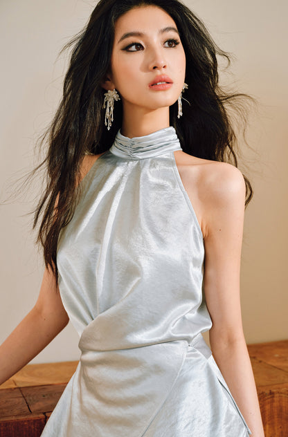 WANGXO | Pearl Lustrous Luxury Gilt Satin  Halterneck Folded Waist Top & High-Waisted Umbrella Skirt Set - ARIA
