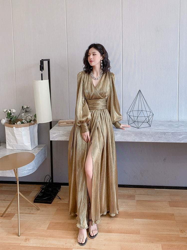DOLLY Elegant Retro Gold Deep V-Neck Long Puff Sleeve Long Slit Award Dress-HUGO