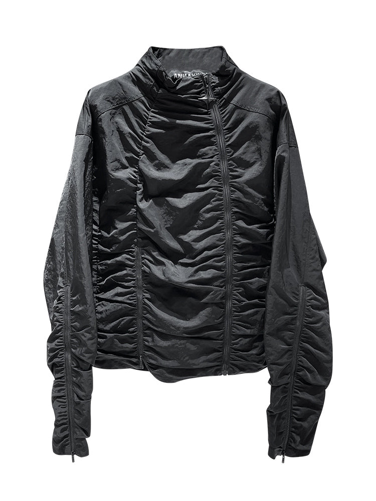 ANNAKIKI black zipper split function pleated jacket for women-HINA