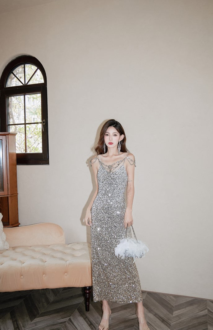 DOLLY High End Retro Style Sliver V-Neck Sleeveless Sequin Long Evening Dress-QUEENETH