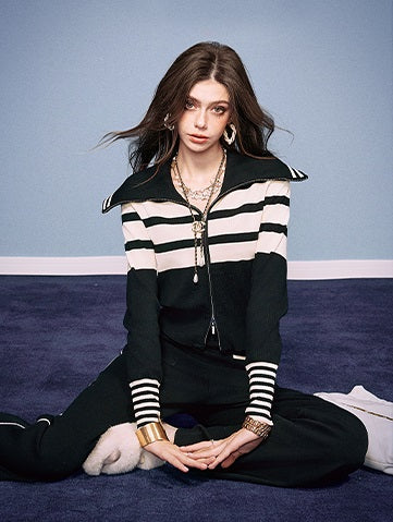 CHICHY Knitted Two-Piece Black Striped Knitted Cardigan Casual Pants-IFE