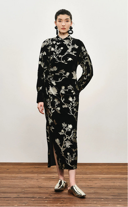 ZHUCHONGYUN Chinese Nail Bead Stamping Suede Dress--THORFINN.