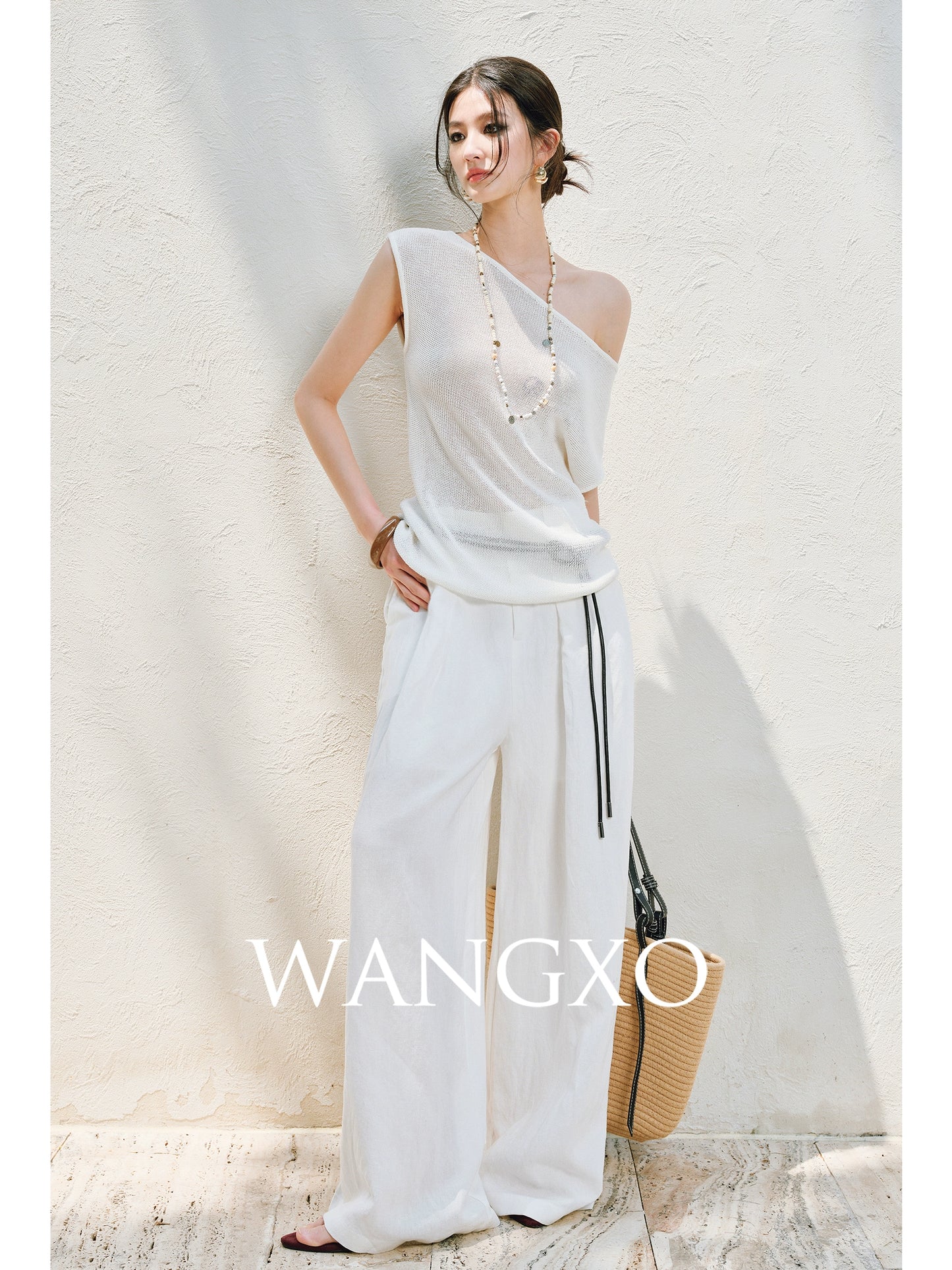 WANGXO |Linen Delicate Knit Slant Shoulder Top & Tailored Straight Pants with Airy Elegance Suit Set -RAYA