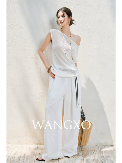 WANGXO |Linen Delicate Knit Slant Shoulder Top & Tailored Straight Pants with Airy Elegance Suit Set -RAYA