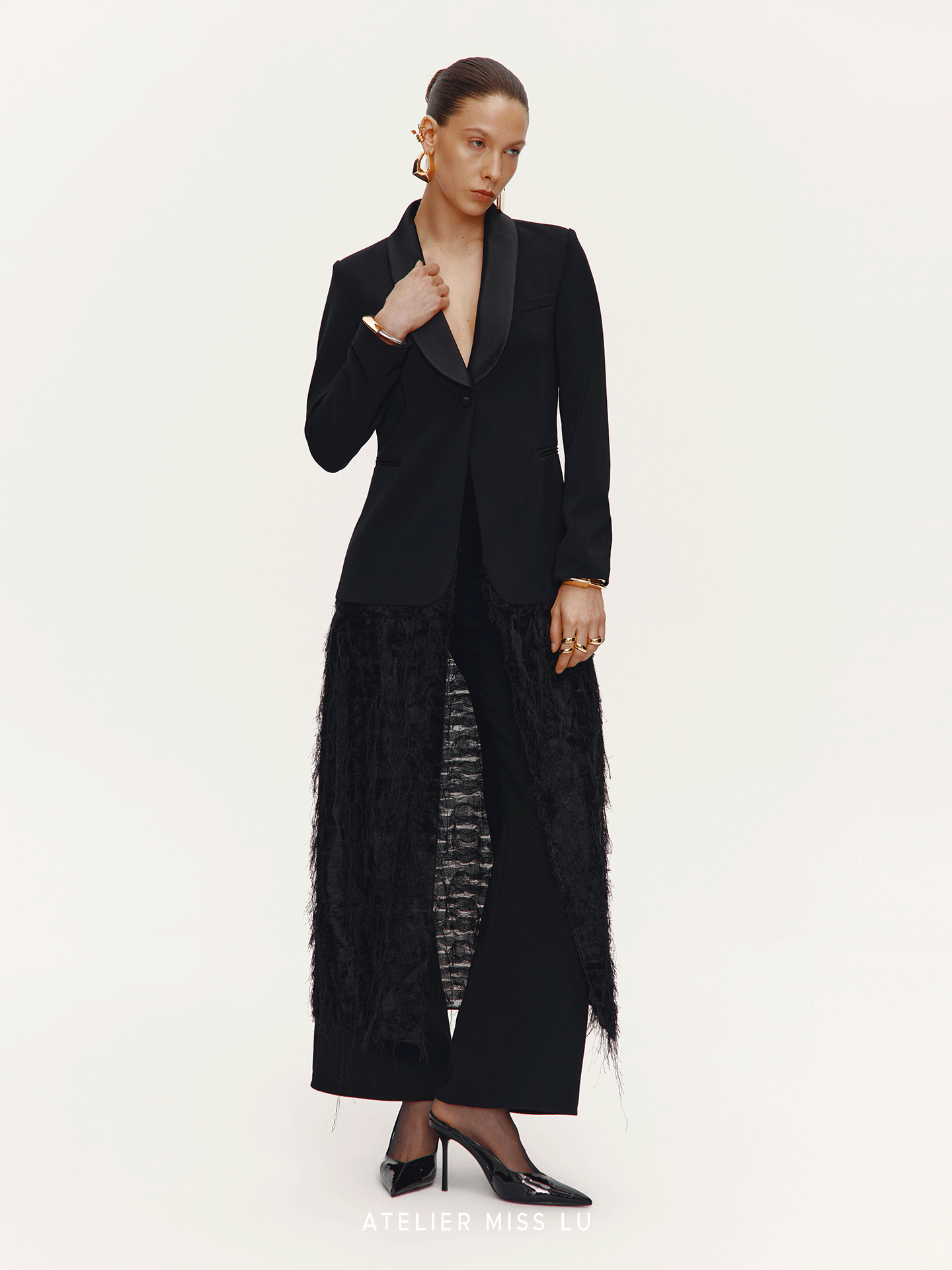 ATELIER MISS LU Slim Fringe Spliced Texture Long Dress Jacket - AMOT