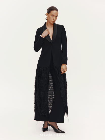 ATELIER MISS LU Slim Fringe Spliced Texture Long Dress Jacket - AMOT