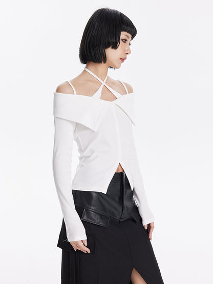 TINY IN crossover off-the-shoulder large lapel knitted long sleeve cut-out top-YOMI