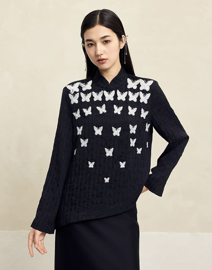 HECO Butterfly Beads Embroidered Stand-Up Collar black white T-Shirt - WORDS.