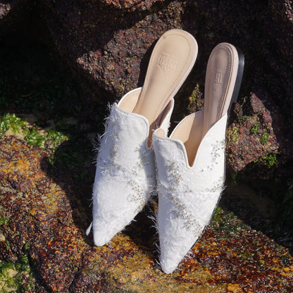 B-FEI women's flat lazy pointed white toe mules-ANDI.